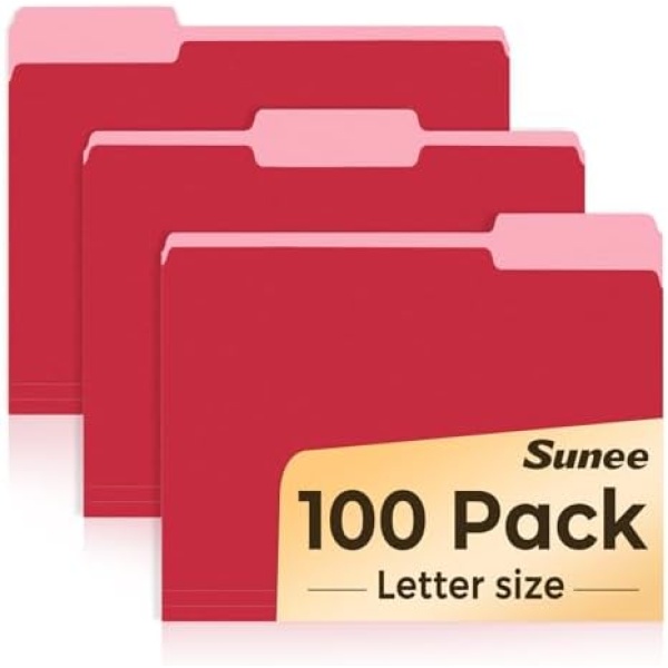 SUNEE File Folders Letter Size Red, 100 Pack Manilla Folders 8.5 x 11 1/3-Cut
