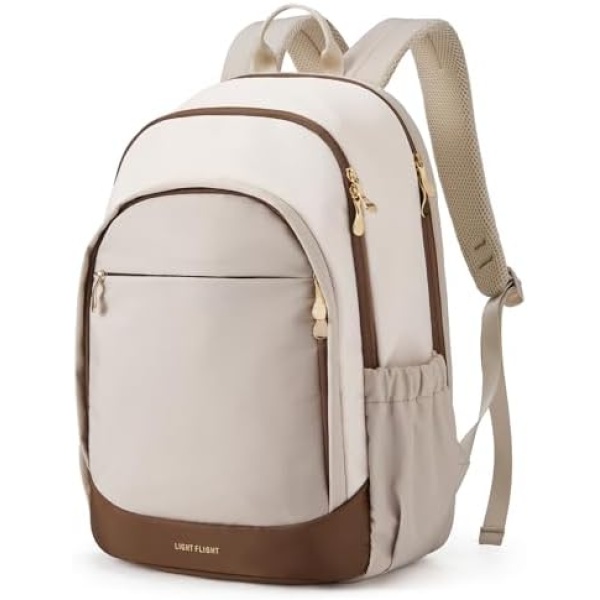 LIGHT FLIGHT Travel Backpack for Women, 15.6 Inch, Beige+Brown | Laptop Backpack