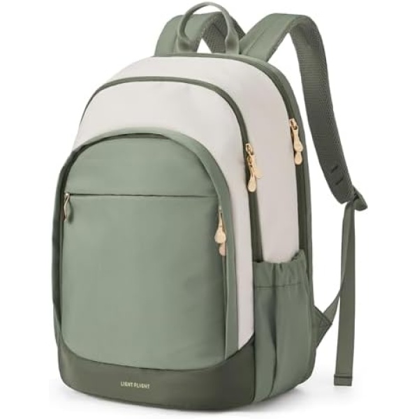 LIGHT FLIGHT Travel Backpack for Women, 15.6 Inch, Beige+Green | Laptop Backpack