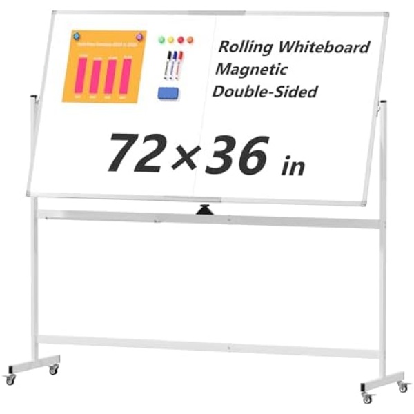 Large Rolling Whiteboard on Wheels, 72" x 36" Double-Sided Mobile White Board