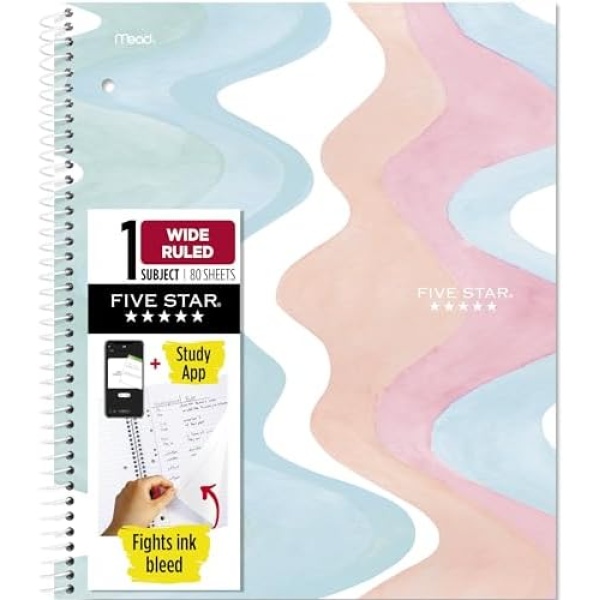 Five Star Spiral Notebook + Study App, 1 Subject, Wide Ruled, 8" x 10-1/2", 80