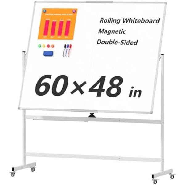 Large Rolling Whiteboard on Wheels, 60" x 48" Double-Sided Mobile White Board