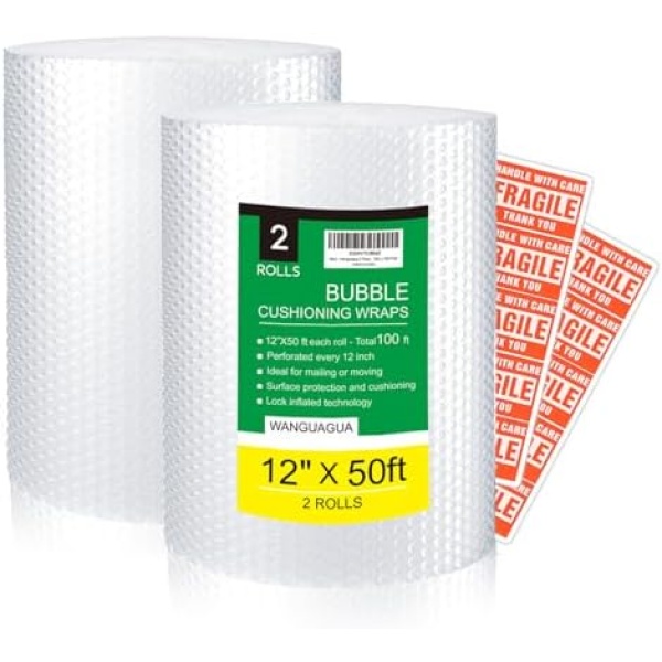 wanguagua 2 Pack 12 Inch x 100 ft Total Bubble Packing Wrap for Moving Boxes