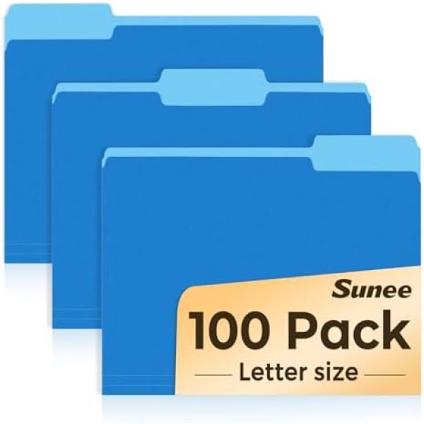 SUNEE File Folders Letter Size Blue, 100 Pack Manilla Folders 8.5 x 11 1/3-Cut