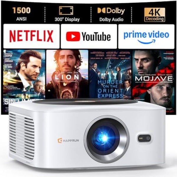 HAPPRUN 1500 ANSI Lumens Outdoor Projector with Built-in Streaming Apps, 4K