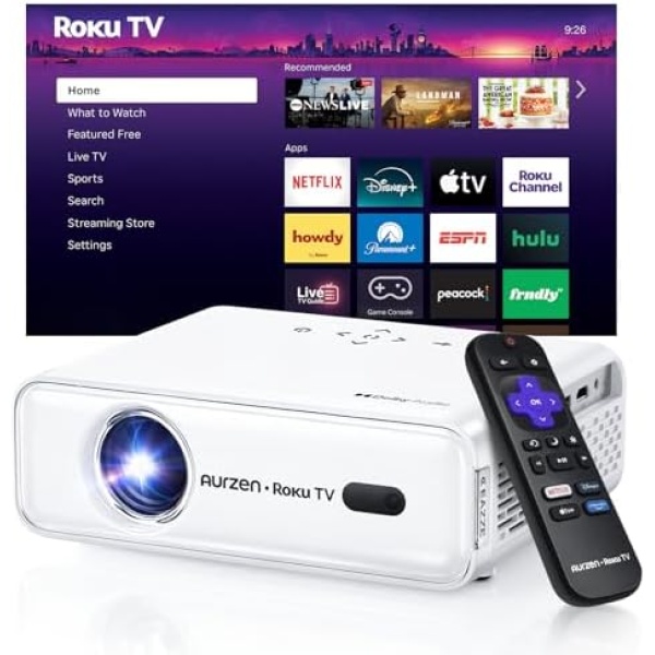 Aurzen Roku TV Smart Projector with Wifi and Bluetooth, Roku TV Built-in, 1080P