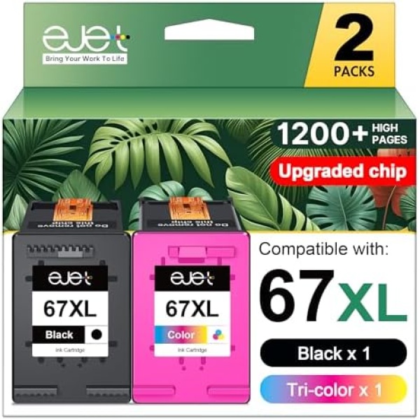 67XL Ink Cartridges Black/Color Combo Pack Compatible for HP Ink 67 67XL Works