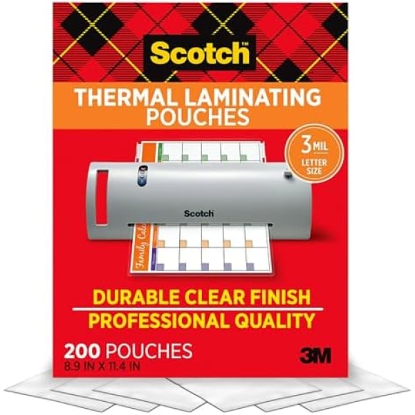 Scotch Thermal Laminating Pouches, 200 Count, Clear, 3 mil., Ideal Office or