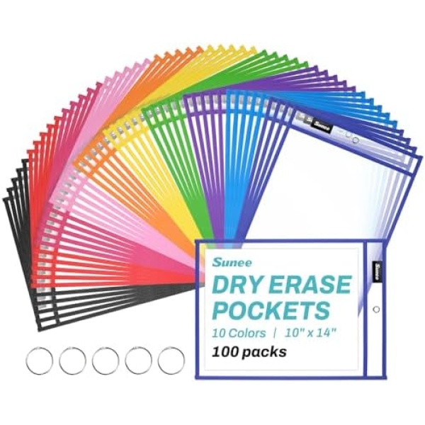 SUNEE 100 Packs Oversized Reusable Dry Erase Pocket Sleeves with 5 Rings, 10