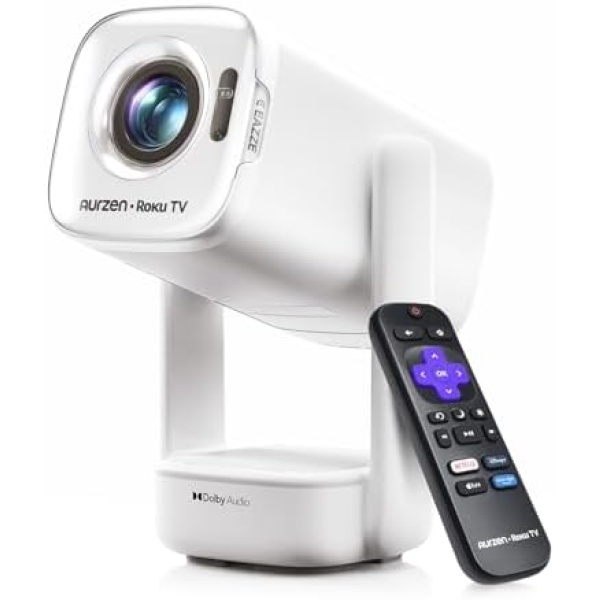 Aurzen Roku TV USB-C Powered Smart Portable Projector with Wifi and Bluetooth,