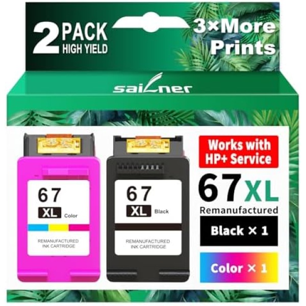 SAILNER 67XL Ink Cartridges Black/Color Combo Pack Replacement for HP Ink 67